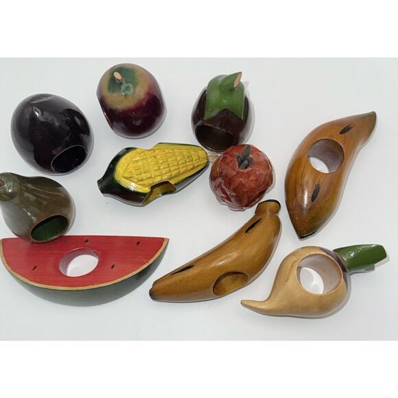 Vintage Wooden Fruit Napkin Rings Set 10 Watermelon Hand Painted 1970’s - Picture 1 of 5